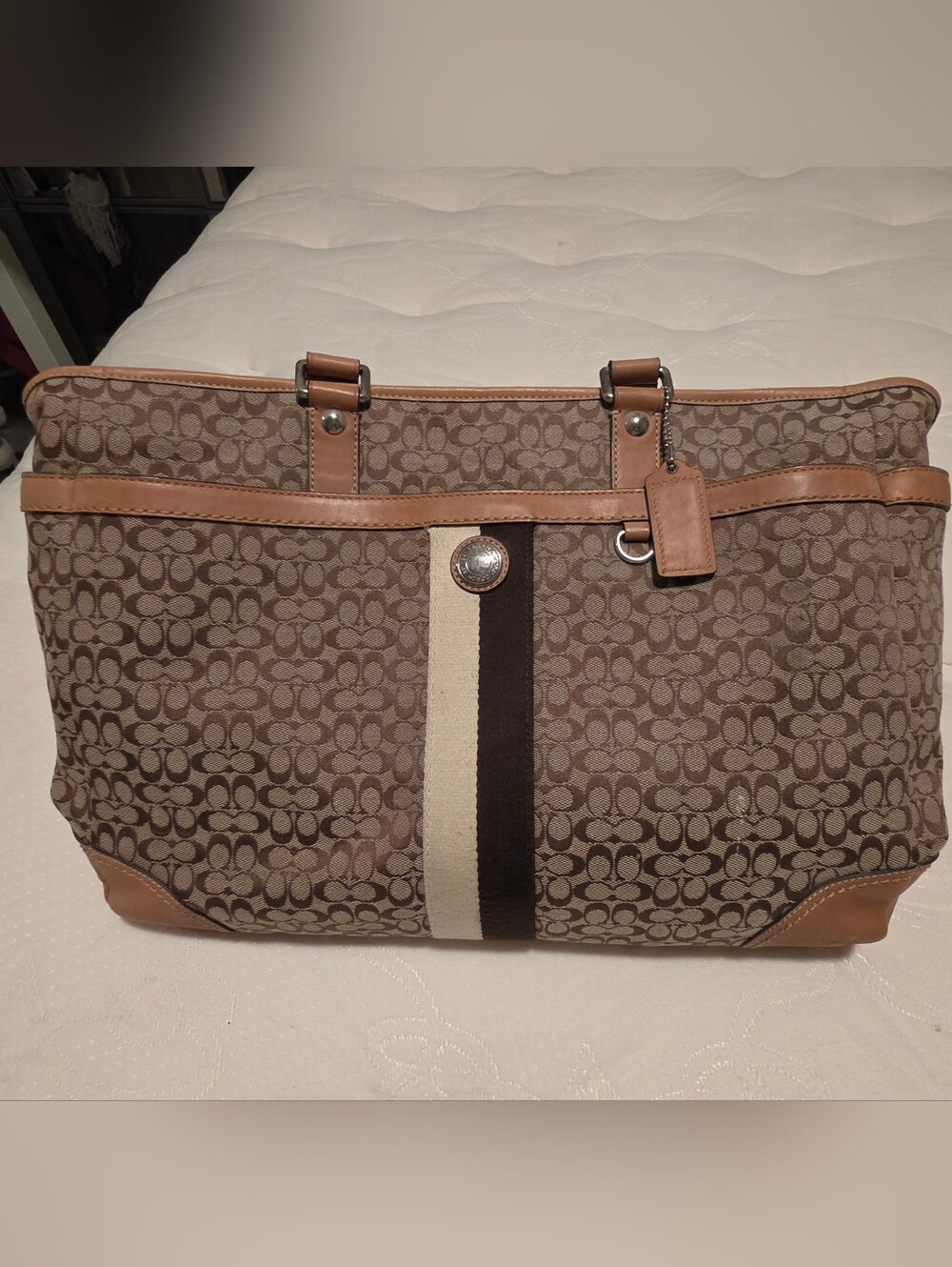 Coach Brown and Cream Signature Tote DIAPER BAG with Center Stripe
